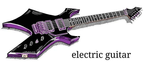 Primer plano de la guitarra eléctrica negra acostada aislada sobre fondo blanco. Ilustración vectorial dibujada a mano. Heavy metal, música rock, concierto, festival . — Vector de stock
