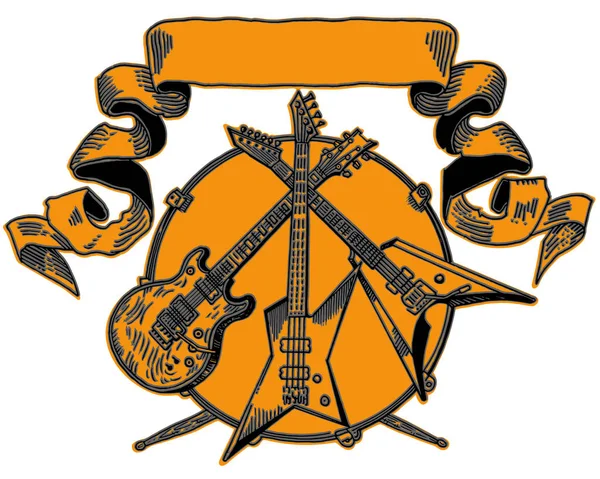 Escudo de armas de metal pesado. Dibujo de guitarra eléctrica, bajo, batería. Ilustración vectorial de estilo grabado a mano. Música rock, concierto, banner del festival, camiseta impresa, plantilla de logotipo de la banda . — Vector de stock