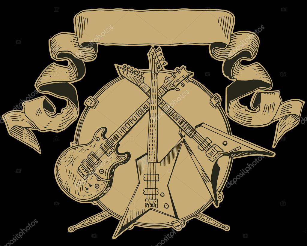Heavy metal coat of arms. Drawing of electric guitar, bass, drums. Hand drawn engraving style vector illustration. Rock music, concert, festival banner, t shirt print, band logo template.