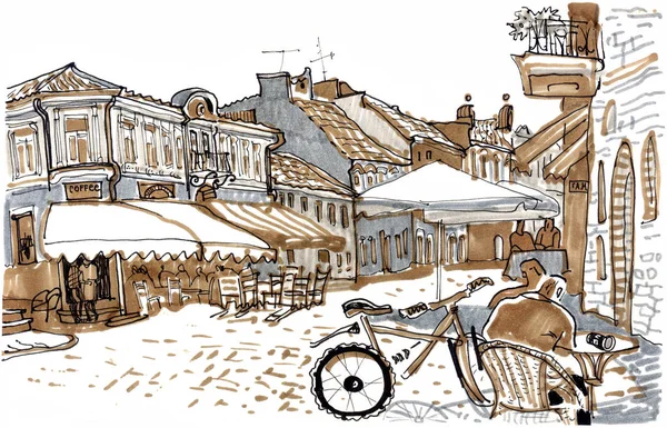 Old town European street. Hand drawn sketch style marker pen illustration. Urban romantic landscape with outdoor cafes, people. Sunny day, sunshade, bicycle, medieval houses. Kaunas. Lithuania — Stock Photo, Image