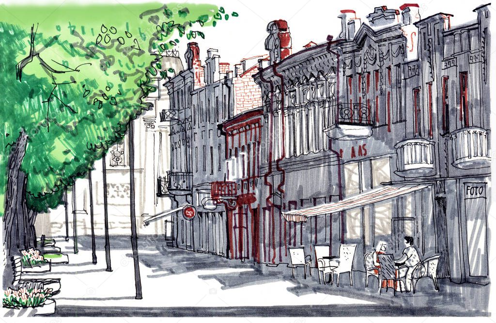 Old town European street. Hand drawn sketch style marker pen illustration. Urban romantic landscape with line of linden trees, cafes, people, old houses, a sunny day. City center of Kaunas, Lithuania.