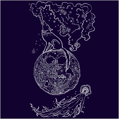 Uluyan kurt aya oturan yeni galaxy exhales. Alan, uçan kuyruklu yıldız. Çizilmiş vektör çizim. Çizgi resim, kroki, anahat, vintage, fantezi tasarım. Mor bir arka plan üzerine beyaz.