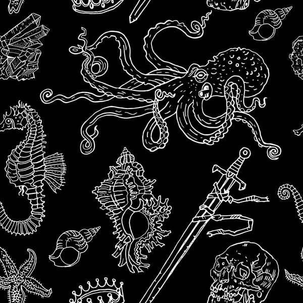 Fekete tengeri zökkenőmentes minta: polip, shell, tengeri csillag, megfulladt kard, korona, koponya, kristály, tengeri ló. Kézzel rajzolt vintage tattoo gravírozás rajzos illusztráció. Víz alatti fantasy, boho, gótikus. — Stock Vector