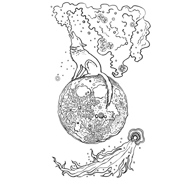 Howling wolf sitting on the moon exhales new galaxy. Space, stars, flying comet. Hand-drawn vector illustration isolated. Line art, sketch, outline, vintage, fantasy cosmic concept, coloring page.