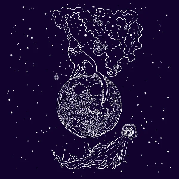 Uluyan kurt aya oturan yeni galaxy exhales. Uzay, kuyruklu yıldız, uçuş yıldız. Çizilmiş vektör çizim. Çizgi resim, kroki, anahat, vintage, fantezi tasarım. Mor bir arka plan üzerine beyaz.