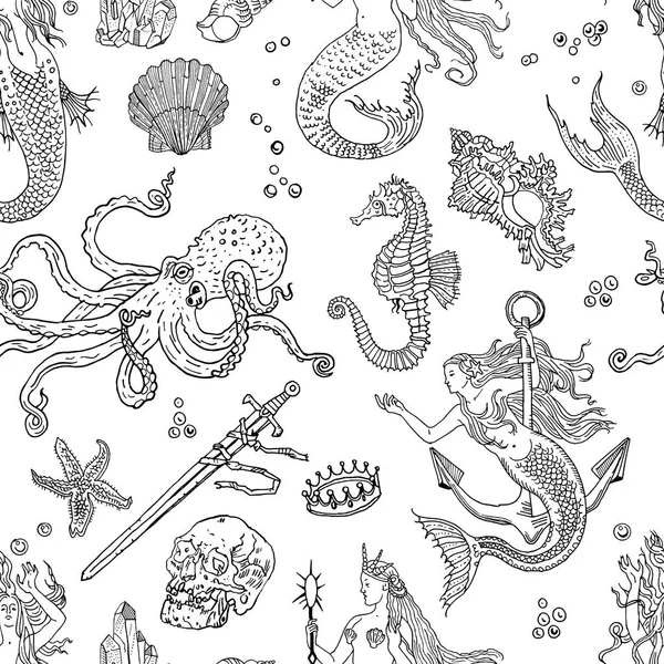 Vintage fantasy nautical seamless pattern: mermaid, underwater treasures, octopus, shell, starfish, anchor, drowned sword, crown, skull, crystal, sea horse. Retro tattoo style hand drawn illustration. — Stock Vector