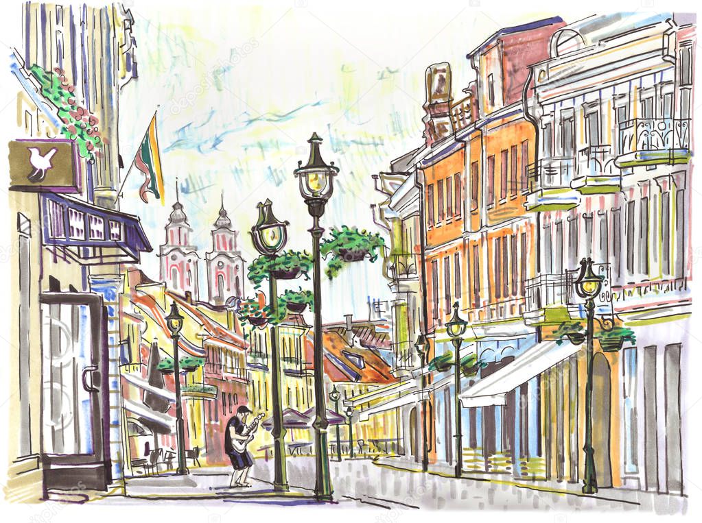 Kaunas Old Town street, Lithuania. Houses, historical architecture, church, cafes, musician playing guitar. Europe, Baltic states, tourism, travel, landmark. Hand drawn sketchy style illustration.