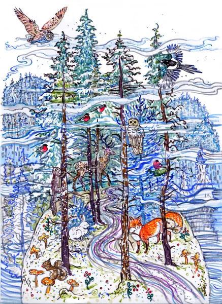 Bosque de invierno mágico. Abeto, abeto, nieve, animales: búho, urraca, pinzón, ardilla, ciervo, zorro, liebre. Cuento de hadas del norte. Ilustración hecha a mano. Para niños, Navidad, Tarjeta de felicitación de Año Nuevo . —  Fotos de Stock