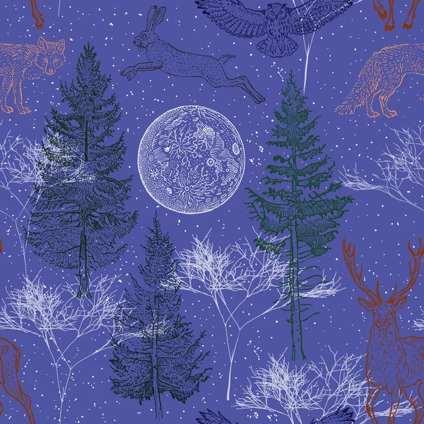 冬季森林无缝格局。满月, 云杉, 冷杉树, 狐狸, 野兔, 鹿, 猫头鹰, 雪片在蓝色背景。复古雕刻风格矢量插画。圣诞节, 新年假期, 自然. — 图库矢量图片