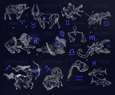 Constellations, zodiac signs, horoscope. Aries, Taurus, Gemini, Cancer, Leo, Virgo, Libra, Scorpio, Sagittarius, Capricorn, Aquarius, Pisces. Vintage engraving style symbols on a space background. clipart
