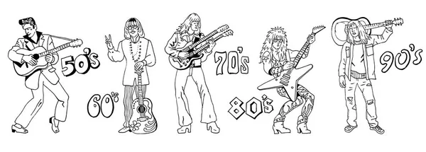 Typical 20th century guitarists. Music styles history: 50s rocknroll, 60s hippie, 70s progressive rock, 80s glam metal, 90s grunge. Hand drawn sketchy illustration. Line art isolated black on white. — Stock Vector