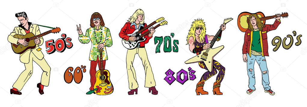 Popular 20th century rock music styles : 50s rocknroll, 60s hippie, 70s progressive rock, 80s glam metal, 90s grunge. Hand drawn sketchy illustration. Rock stars, guitarists.