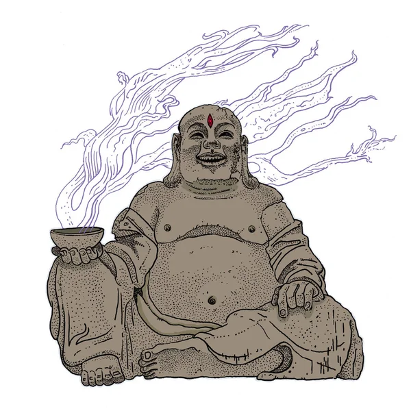Piedra de fantasía Budai, Hotei o Buda gordo, deidad folclórica asiática con una taza humeante, gesto de cuernos de metal pesado y el tercer ojo. Rock, metal pesado, estampado de camiseta o diseño de tatuaje . — Foto de Stock