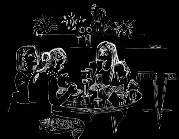 Tres chicas cenan en un restaurante. Copas de champán en una mesa redonda. Dibujado a mano estilo incompleto tinta pluma ilustración blanco sobre un fondo negro . — Foto de Stock