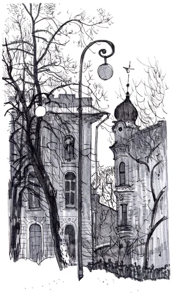 Famous view of Saint Petersburg, Russia in winter. Silhouettes of historic buildings, trees and lanterns on Vasilevsky Island. Hand drawn sketchy style marker pen illustration. — Stock Photo, Image