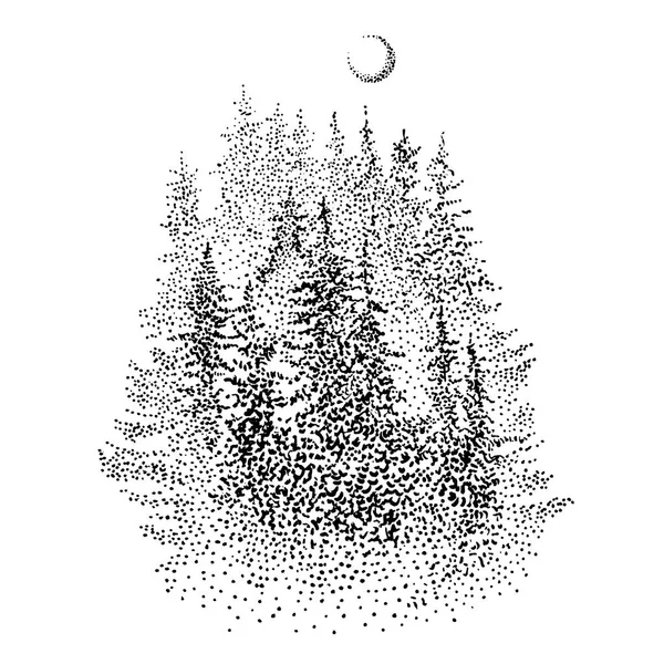 Floresta de abeto e lua crescente. Obstipação desenhada à mão ou ilustração de caneta de tinta gráfica esboçada estilo dotwork. Wanderlust, símbolo da vida selvagem, cartão de saudação, design de logotipo . — Vetor de Stock