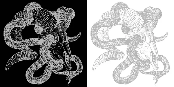 Cobra e crânio de cabra. Gravura desenhada à mão estilo vetor ilustração cinza claro sobre fundo branco e preto. Adesivo, cartaz, t-shirt, tatuagem. Rock, heavy metal, gótico, design oculto . —  Vetores de Stock