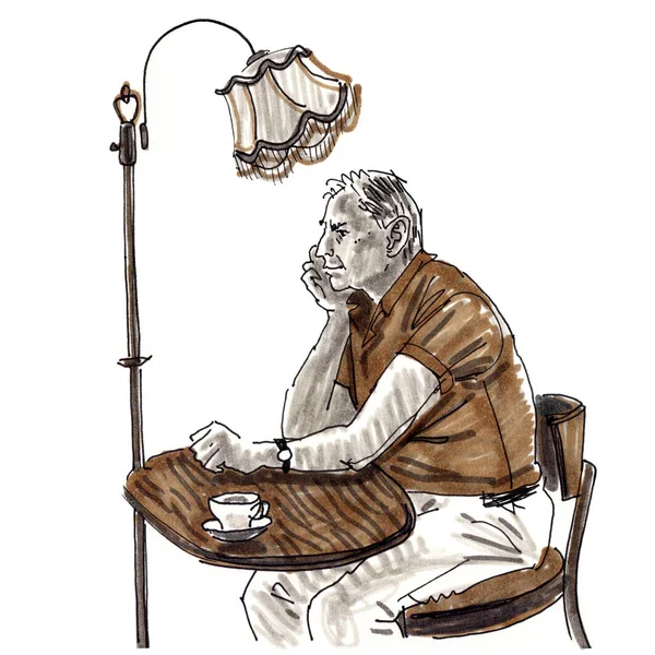 Yaşlı bir adam ile bir fincan kahve bir retro zemin lambası altında bir masada oturur. Elle çizilmiş yarım yamalak tarzı marker kalem resimde beyaz bir arka plan üzerinde. — Stok fotoğraf