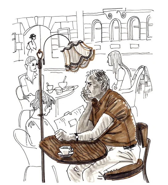 Um homem idoso senta-se em uma mesa com uma xícara de café sob uma lâmpada de assoalho retro em um restaurante junto à janela com vista para a cidade. Desenho à mão esboçado estilo marcador caneta ilustração sobre um fundo branco . — Fotografia de Stock