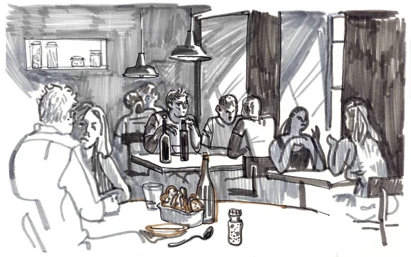 Pessoas a comer e a falar num restaurante aconchegante à janela. Desenho à mão esboçado estilo marcador caneta ilustração . — Fotografia de Stock