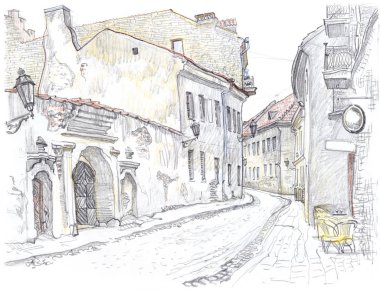 Vilnius eski şehrin gizli sokak. Boksto cadde görünümü, Litvanya. Eski binalar, fenerler, archways, kaldırım taşı kaldırım, açık kafe tabloları. Yarım yamalak tarzı kalem illüstrasyon el çekilmiş .