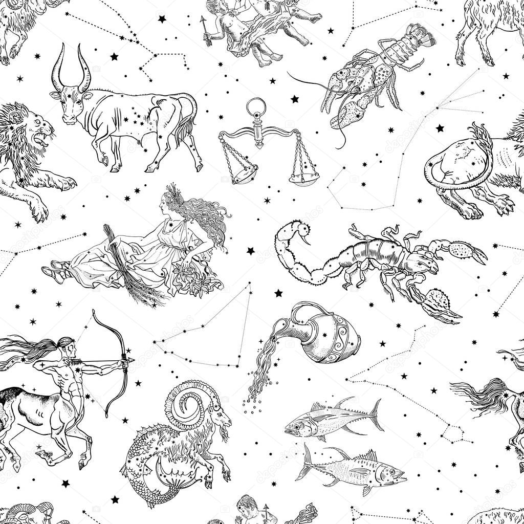 Zodiac signs and constellations seamless pattern. Aries, Taurus, Gemini, Cancer, Leo, Virgo, Libra, Scorpio, Sagittarius, Capricorn, Aquarius, Pisces Horoscope symbols. Vintage engraving tattoo style.