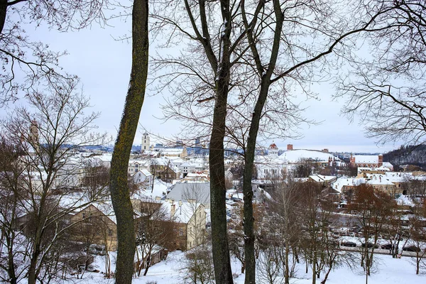 Vista de Vilna, Lituania en invierno. Panorama con iglesias famosas y edificios istóricos: Campanario de la iglesia de St. Johns, torre del castillo de Gediminas, iglesia gótica de St. Anne. Países bálticos, viajes . — Foto de Stock