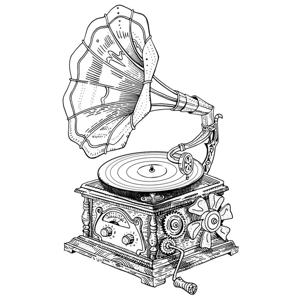 Fantasy grotesque vintage steampunk style gramophone. Hand drawn vector ink pen illustration isolated on white. Music festival, band poster, t-shirt, tattoo design, coloring page. — Stock Vector