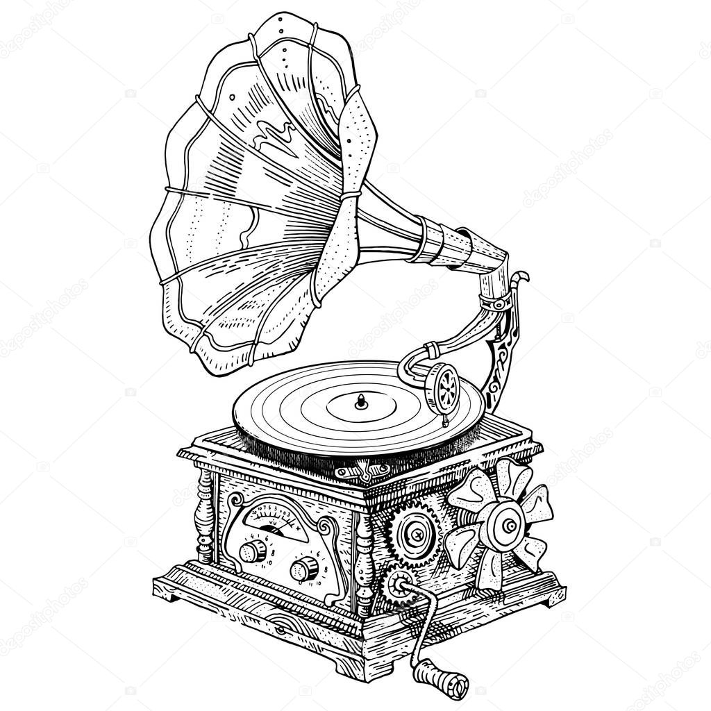 Fantasy grotesque vintage steampunk style gramophone. Hand drawn vector ink pen illustration isolated on white. Music festival, band poster, t-shirt, tattoo design, coloring page.