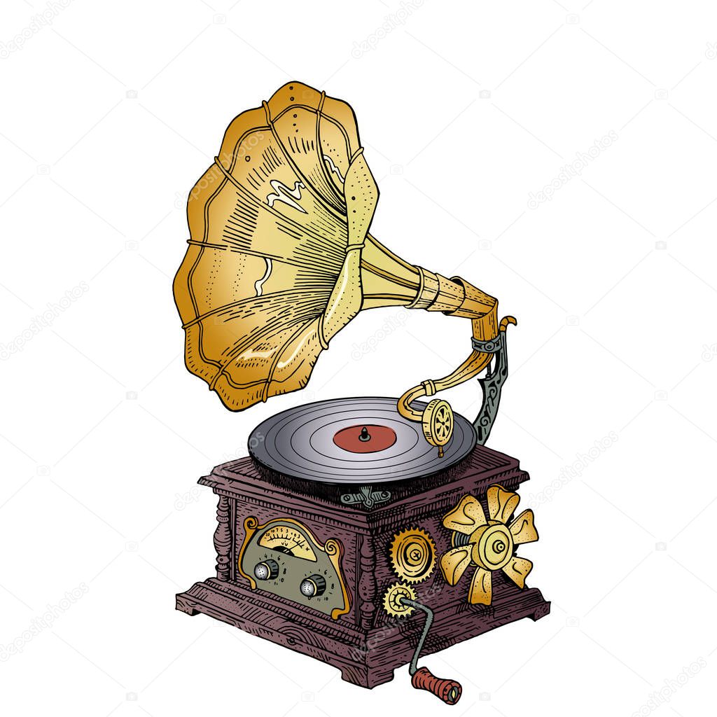 Fantasy grotesque vintage steampunk style gramophone. Hand drawn vector illustration. Music festival, band poster, t-shirt, tattoo, logo design.