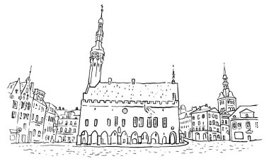 Tallinn Eski Şehir'deki Belediye Meydanı. El çizilmiş minimalist kabataslak tarzı anahat illüstrasyon. Tarihi mimari, Aziz Nikolaos veya Niguliste kilisesi. Baltık devletleri dönüm noktası.