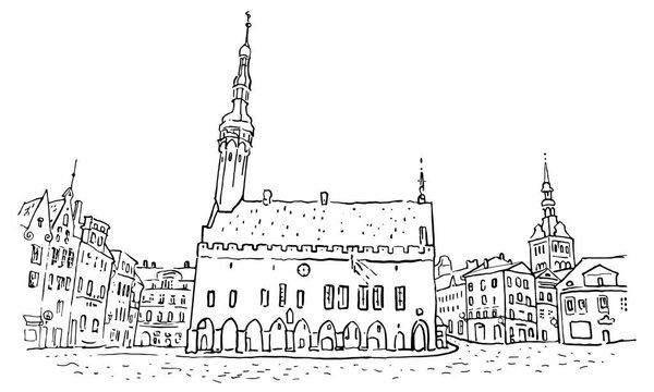 Town Hall Square in Tallinn Old Town. Hand drawn minimalistic sketchy style outline illustration. Historical architecture, St. Nicholas or Niguliste church. Baltic states landmark.