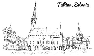 Tallinn Eski Şehir'deki Belediye Meydanı. El çizilmiş minimalist kabataslak tarzı bir yazıt ile çizim anahat. Tarihi mimari, Aziz Nikolaos veya Niguliste kilisesi. Baltık devletleri dönüm noktası.