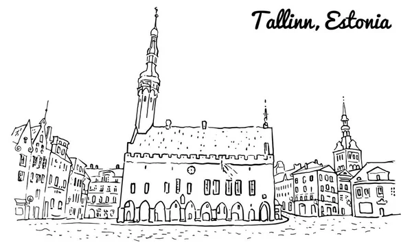 Town Hall Square in Tallinn Old Town. Hand drawn minimalistic sketchy style outline illustration with an inscription. Historical architecture, St. Nicholas or Niguliste church. Baltic states landmark. — Stock Photo, Image