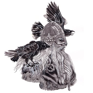 İki kuzgunla viking kaskı içinde İskandinav tanrısı Odin'in portresi. Kabataslak etkileyici sanatsal tarzı el çizilmiş mürekkep ve fırça illüstrasyon. İskandinav, mitoloji, paganizm, fantezi, baş savaşçı.