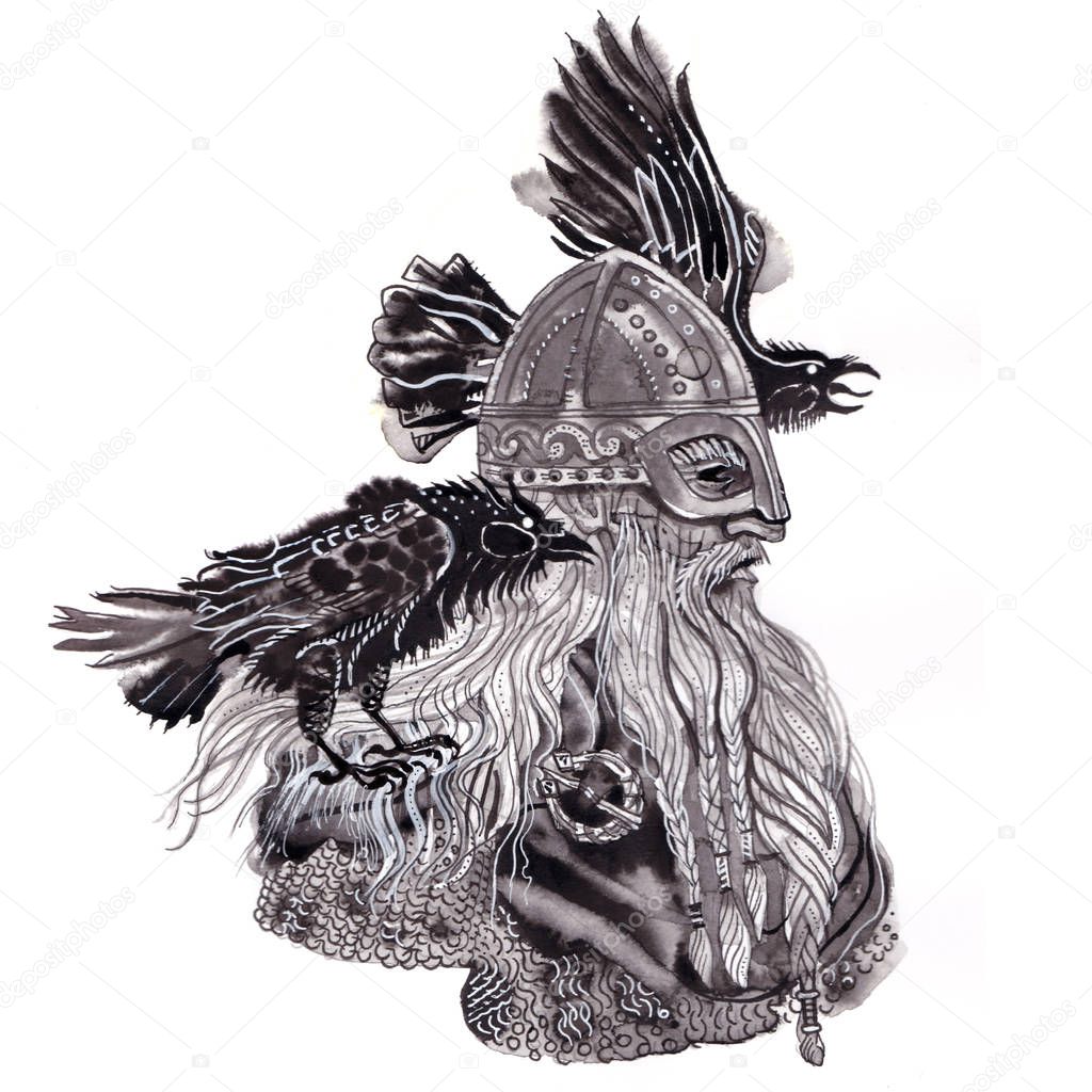 Portrait of Scandinavian god Odin in viking helmet with two ravens. Sketchy expressive artistic style hand drawn ink and brush illustration. Norse, mythology, paganism, fantasy, chief warrior.