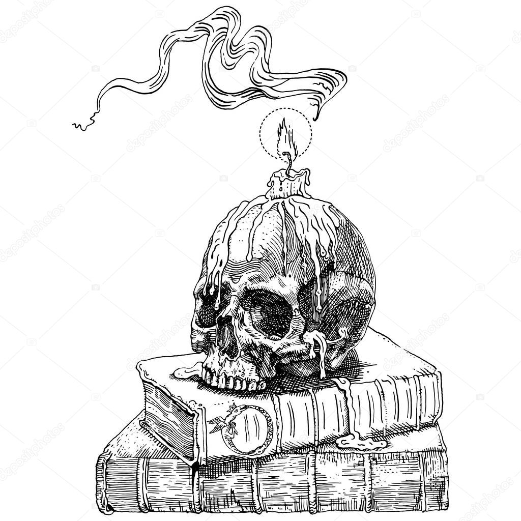 Magic books, skull and candle. Hand drawn engraving medieval style ink and nib pen vector illustration. Fantasy, occultism, alchemy, witchcraft, ritual, heavy metal music, gothic, horror concept.