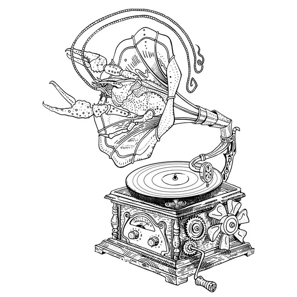 Groteske Vintage Steampunk Gramophone met kreeft kruipen uit het. Hand getrokken psychedelische Fantasy inkt illustratie geïsoleerd op wit. Muziekfestival, band poster, t-shirt, Tattoo, logo ontwerp. — Stockvector