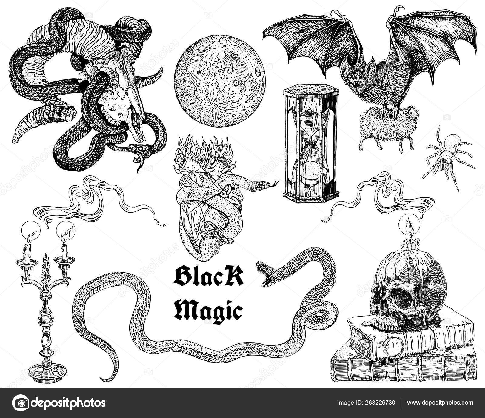 Black magic tattoo, sticker set. Occult, horror, ritual, witchcraft, heavy  metal music, gothic engraving style symbols collection: skulls, candles,  flames, snakes, bat, full moon, heart, hourglass. Stock Vector by  ©naktisart 263226730