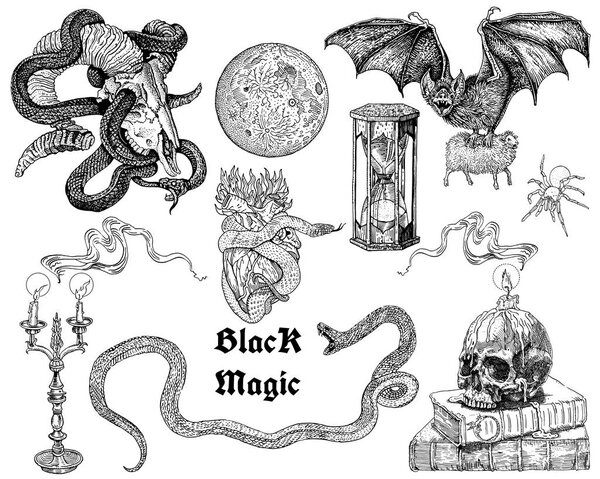 Black magic tattoo, sticker set. Occult, horror, ritual, witchcraft, heavy metal music, gothic engraving style symbols collection: skulls, candles, flames, snakes, bat, full moon, heart, hourglass.