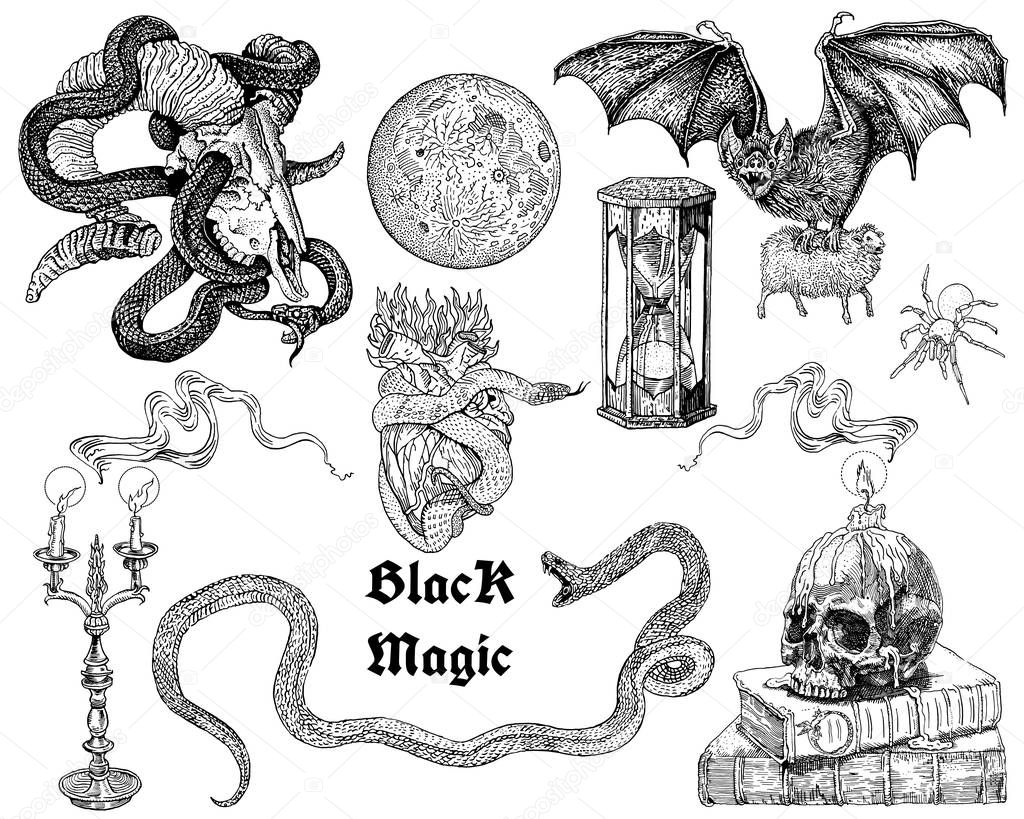 Black magic tattoo, sticker set. Occult, horror, ritual, witchcraft, heavy metal music, gothic engraving style symbols collection: skulls, candles, flames, snakes, bat, full moon, heart, hourglass.