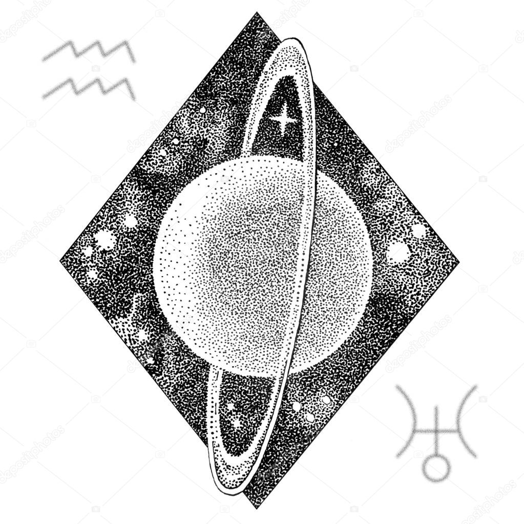 Uranus planet. Hand drawn illustration in dotwork style with Uranuss astrological symbol and a symbol of Aquarius zodiac sign. Space concept, astrology, astronomy t shirt print, cosmic logo design.