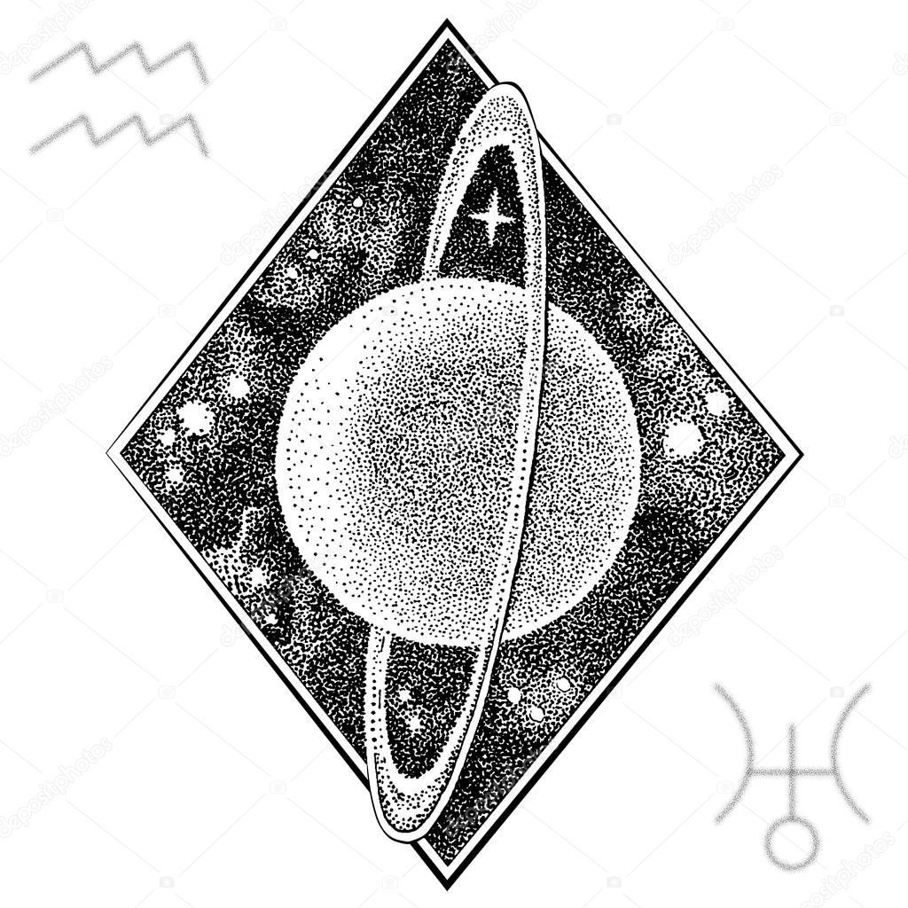 Uranus planet . Hand drawn vector illustration in dotwork style with astrological symbol and a symbol of Aquarius zodiac sign. Space concept, astrology, astronomy t shirt print, cosmic logo design.
