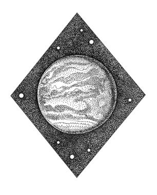 Venüs. Gezegenin astrolojik sembolü ve Toros ve Terazi burçları ile nokta iş tarzında el çizilmiş illüstrasyon. Uzay konsepti, astroloji, vintage astronomi t shirt baskı, kozmik logo tasarımı.