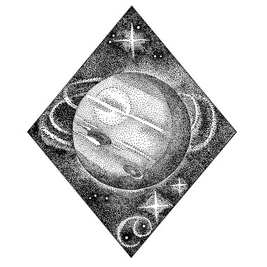 Neptün. Nokta işi stilinde elle çizilmiş illüstrasyon. Uzay konsepti, astroloji, vintage astronomi t shirt baskı, kozmik logo tasarımı.
