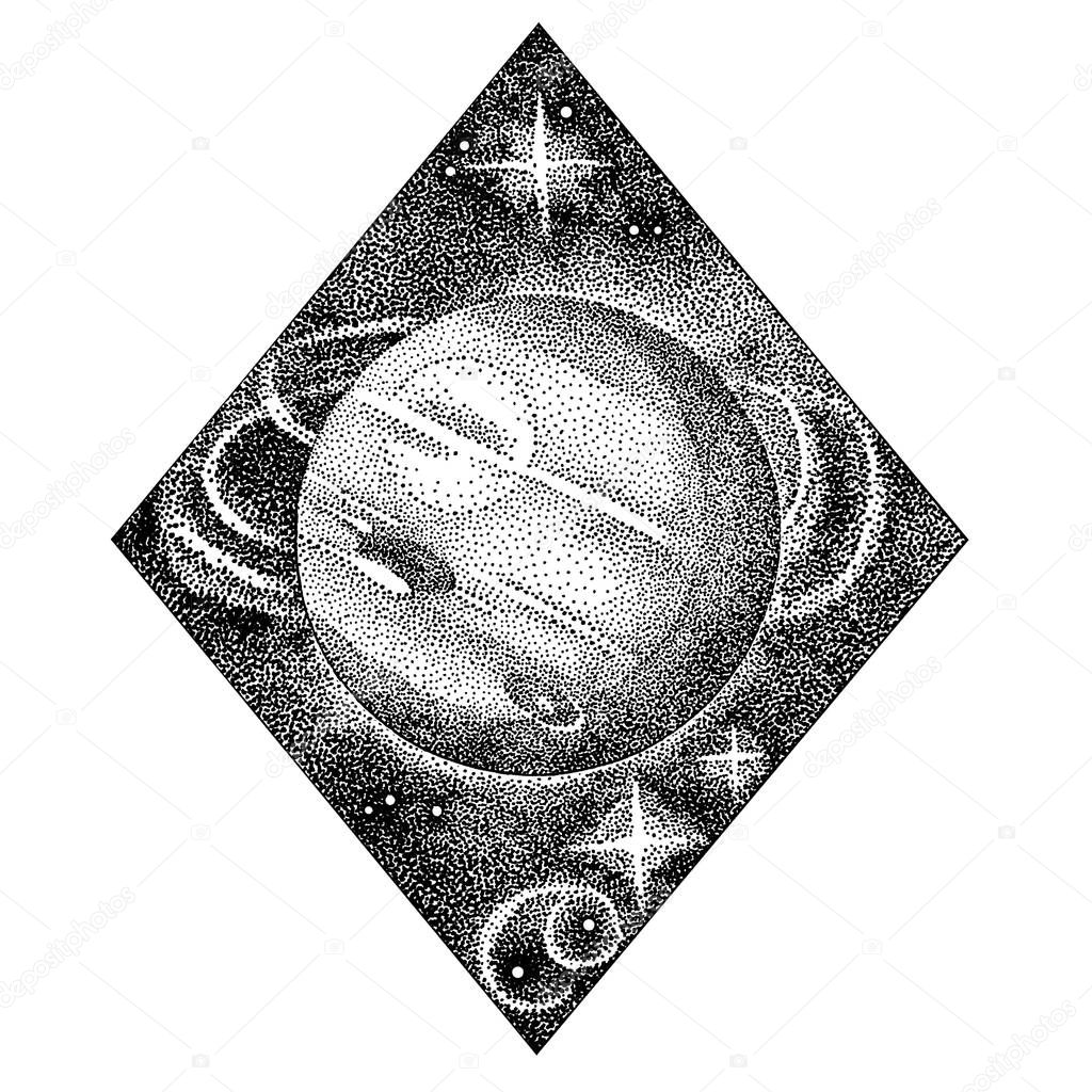 Neptune. Hand drawn illustration in dotwork style. Space concept, astrology, vintage astronomy t shirt print, cosmic logo design.