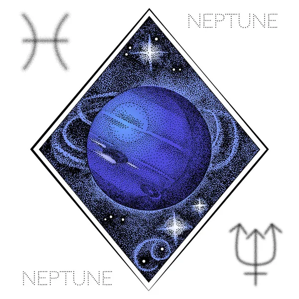 Planeta Neptuno. Ilustração desenhada à mão em estilo dotwork com símbolos astrológicos do planeta e signo do zodíaco de Peixes. Conceito espacial, astrologia, astronomia t-shirt print, design de logotipo cósmico . — Vetor de Stock