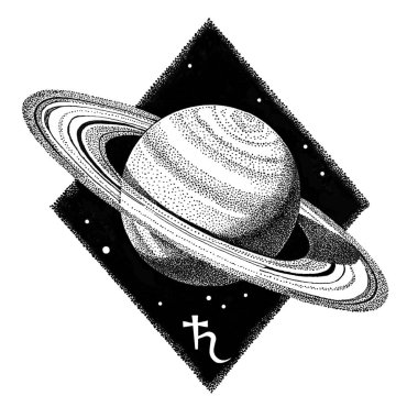 Satürn gezegeni. Nokta işi tarzında elle çizilmiş mürekkepli kalem illüstrasyonu. Uzay konsepti, astroloji, astronomi t shirt baskı, kozmik logo tasarımı. Oğlak burcu üzerinde astrolojik cetvel.