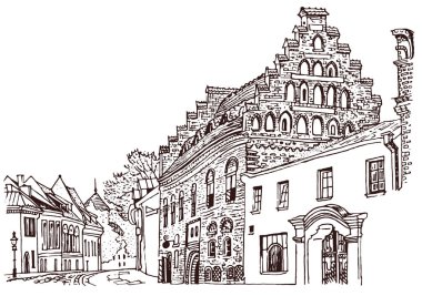 Kaunas Eski Şehir'in rahat caddesi. Tarihi mimari, ortaçağ evleri, katedral. Baltık devletleri dönüm noktası. Kartpostal, boyama sayfası. El çizilmiş kabataslak tarzı mürekkep kalem vektör illüstrasyon.