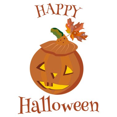 Bir kabak jack o fener, akçaağaç yaprağı ve yazıt ile Halloween tebrik kartı. Komik minimalist düz vektör tarzı illüstrasyon. Parti davetiyesi, çıkartma, tebrik kartı. Sonbahar motifi.